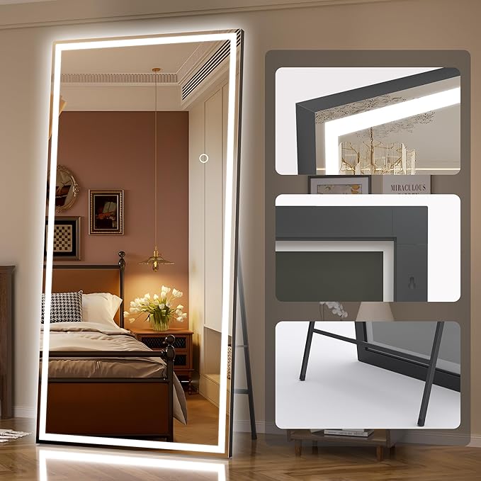 Hasipu Full Length Mirror with Lights, 71" x 32" LED Lighted Floor Standing, Full Body Dressing Hanging Mounted Mirror, Dimmable, Tempered Glass, Safe to Use, Square Black-DeskLoop Office