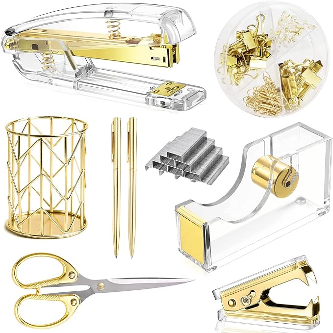 Famassi Gold Desk Accessories，Office Supplies Set Acrylic Stapler Set Staple by Famassi