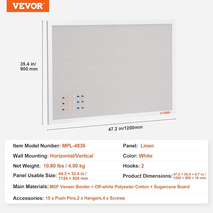 VEVOR 48"x36" White Cork Board - Image 7