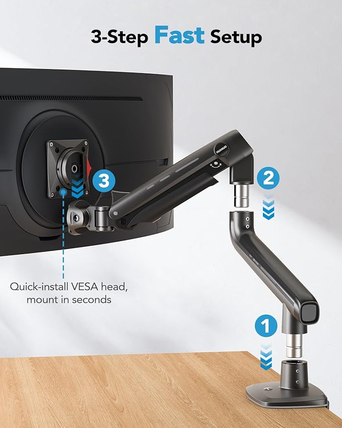 HUANUO Heavy Duty Monitor Arm for Ultrawide Screens up to 49", Holds 40 lbs,Aluminum Ultrawide Screen Desk Mount,Fully Adjustable Single Monitor Mount with C-clamp, Grommet Base, Max VESA 100x100-DeskLoop Office