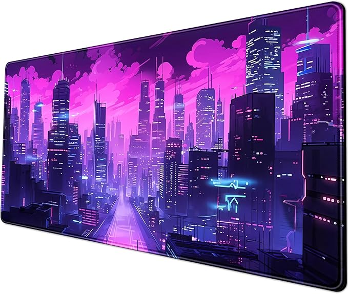 Desk Pad Cyberpunk Purple Desk Mat City Skyline Gaming Extended Mouse Pad Big Office Keyboard Pc Laptop for Women Large Mousepad with Stitched Eges Non-Slip Base Mouse Keyboard Mat 31.5x11.8 in-DeskLoop Office