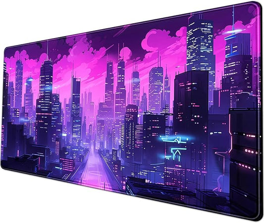Desk Pad Cyberpunk Purple Desk Mat City Skyline Gaming Extended Mouse Pad Big Office Keyboard Pc Laptop for Women Large Mousepad with Stitched Eges Non-Slip Base Mouse Keyboard Mat 31.5x11.8 in-DeskLoop Office