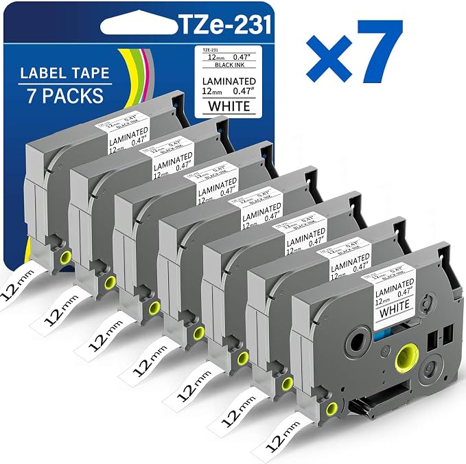 TZE-231 Label Maker Tape 12mm 0.47 Laminated Black on White 1/2" x 8m by SUBLIMAKER