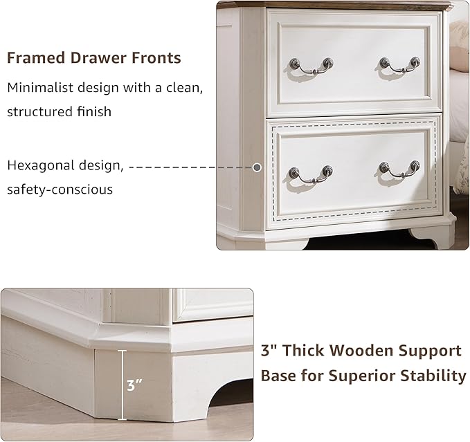 T4TREAM 2 Drawer File Cabinet-30 Wide Wooden Extended Desktop, Farmhouse Filing Cabinet with Smooth Rails, Holds Letter/Legal/A4, Hexagonal Design & Framed Drawer Fronts, Antique White-DeskLoop Office