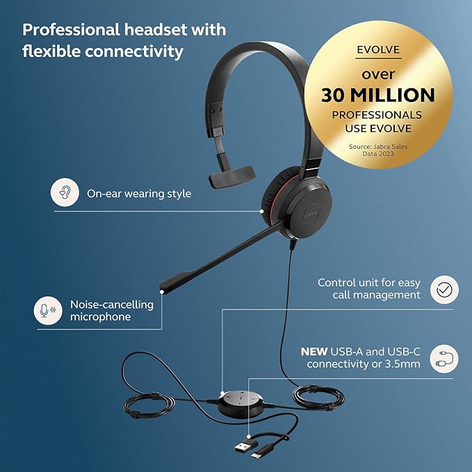 Jabra Evolve 30 II Wired Single-Ear Headset with Mic for Work - 3.5mm Jack, USB-A/USB-C Connectivity, Computer Headset with Noise-Cancelling Microphone, Microsoft Teams Certified, Call Control - Black-DeskLoop Office
