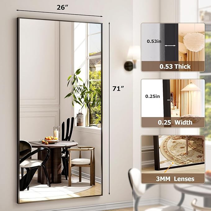 26"x71" Full Length Mirror, Adjustable Standing/Wall Mounted Floor Mirror for Bedroom, Living Room, Entryway, Large Black Leaning Mirror with Shatterproof Glass-DeskLoop Office