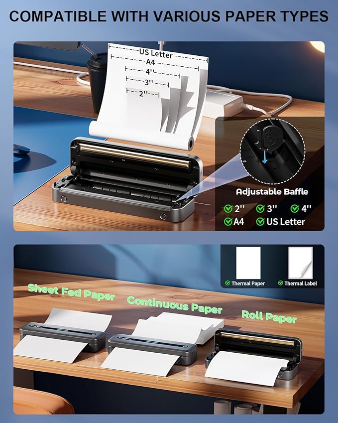 COLORWING Portable Printers Wireless for Travel, 300DPI Mini Compact Inkless Printer, Thermal Bluetooth Printer Compatible with Android and iOS Smartphone & Tablet & Laptop - Gray-DeskLoop Office