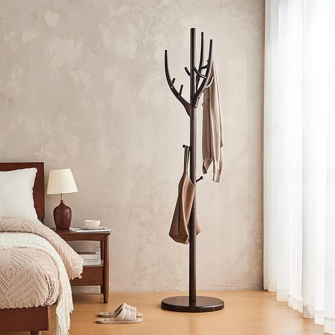 Uniclinens Coat Rack Freestanding Solid Wood Coat Tree Standing with 12 Hooks, Coat Rack Stand Creative Tree Branch-look (Dark Walnut)-DeskLoop Office