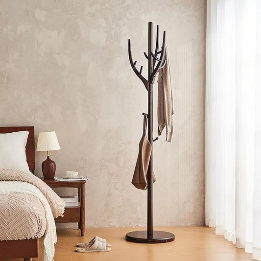 Uniclinens Coat Rack Freestanding Solid Wood Coat Tree Standing with 12 Hooks, Coat Rack Stand Creative Tree Branch-look (Dark Walnut)-DeskLoop Office