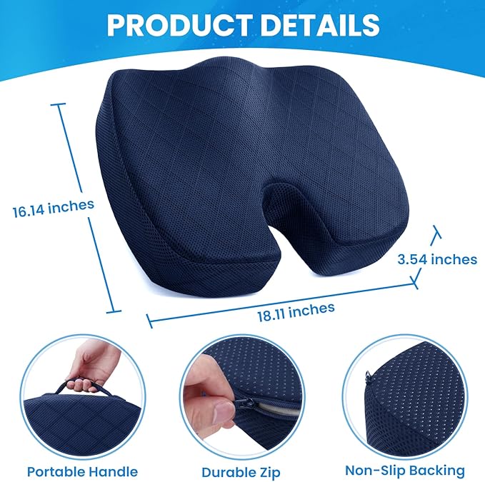 TushGuard Seat Cushion - for Office Chair, Car Seat, Airplane, Bleacher - Sciatica & Coccyx Pain Relief Desk Chair Cushion for Long Sitting Office Workers, Car Drivers(Blue,X-Large)-DeskLoop Office