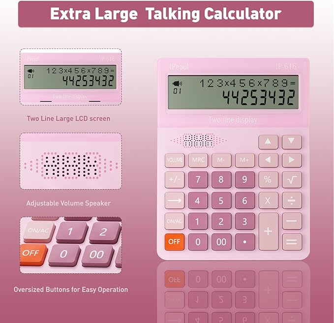 Calculators Desktop, Desk Calculator with Large 2 Line Display, Talking Basic Calculator with big Button & Adjustable Volume, 4 Function Calculators for Business, Students,School Office Supplies(Pink)-DeskLoop Office