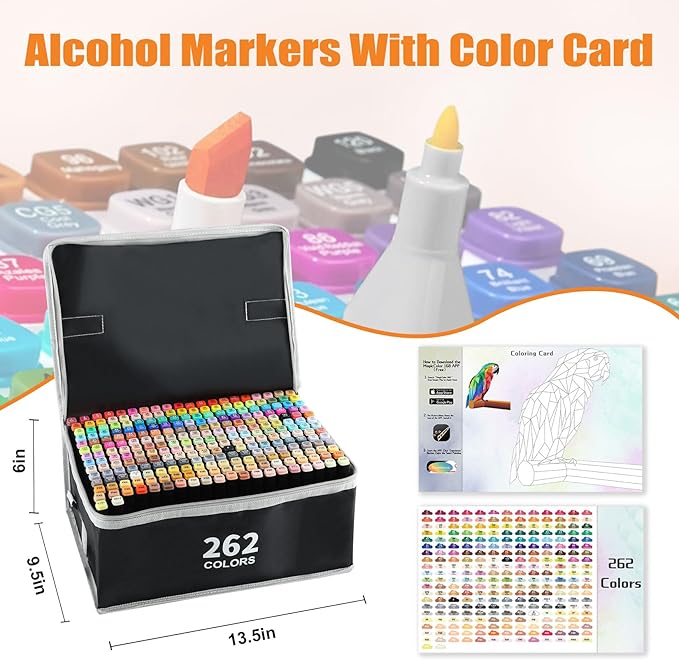262 Colors Alcohol Markers with Free App, Chisel Tip and Fine Tip, Dual Tip Alcohol-Based Marker set for Artist Adults, Art Markers for Painting, Coloring, Sketching and Drawing,Great Gift Idea-DeskLoop Office