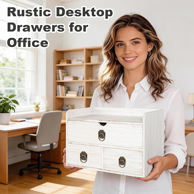 Wood Desk Organizer with Drawer, Tabletop Storage Organization Box - Image 4