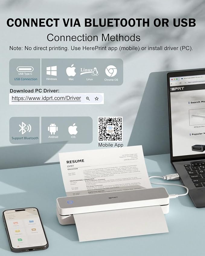 iDPRT Inkless Portable Printer for Travel, 300DPI Wireless Thermal Printer Support 8.5 x 11 Inch US Letter, A4, Small Bluetooth Printers Compatible with iOS, Android Laptop for Office Car Home, Grey-DeskLoop Office