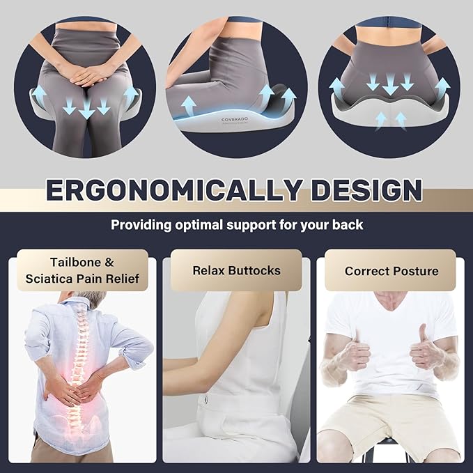 Coverado Car Seat Cushion for Car Seat Driver/Passenger, Memory Foam Seat Cushions for Office Chairs, Tailbone Pain Relief Cushion, Sciatica & Back Support Black&Gray-DeskLoop Office