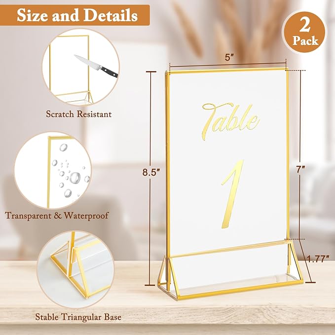 Floroom 2 Pack 5x7 Inch Clear Acrylic Sign Holders, Double-Sided Gold Display - Image 2