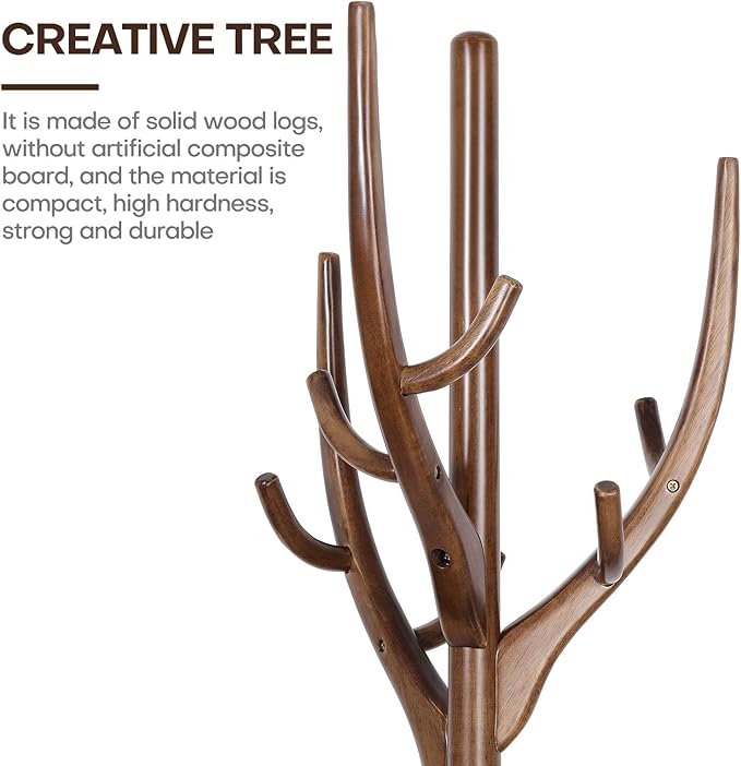 Wood Coat Rack, Coat Tree Freestanding Wooden Coat Rack Stand with 12 Hooks, Heavy Duty Hall Tree Coat Hat Stand with Sturdy Base, Free Standing Coat Racks for Entryway, Bedroom, Brown-DeskLoop Office