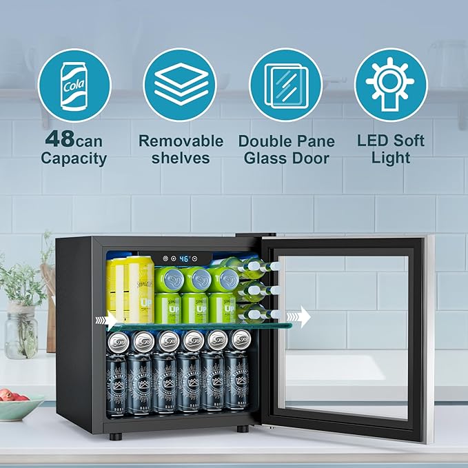 48 Can Beverage Refrigerator,12 Bottle Wine Cooler with Stainless Steel Glass Door, Digital Temperature Display, Countertop Mini Fridge for Soda, Wine or Beer, Silver-DeskLoop Office