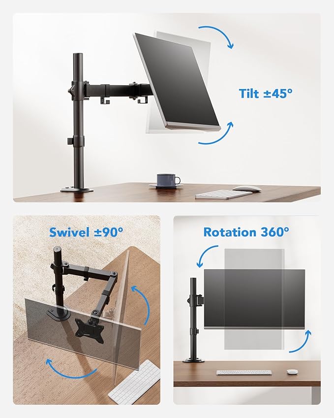 HUANUO Single Monitor Mount, Monitor Arm for 13”-32” Monitors up to 17.6 lbs, Adjustable Stand with 16” Max Height, Desk Mount with C-Clamp and Grommet Base, VESA 75x75mm or 100x100mm-DeskLoop Office