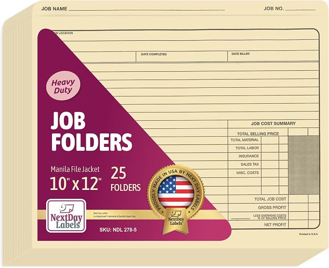 NextDayLabels - Classic Manila File Jacket 10” x 12” Job Folders – Heavy Duty - by NextDayLabels