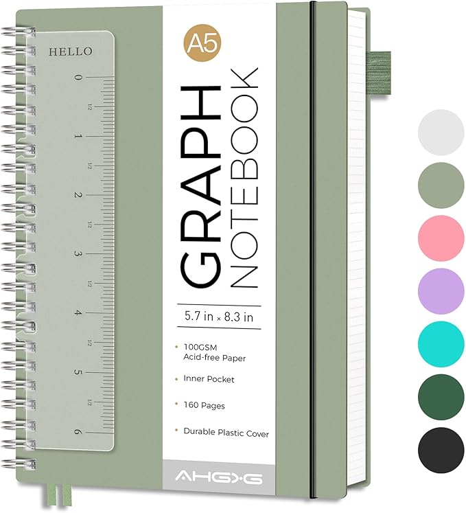 AHGXG Graph Paper Notebook - Spiral Notebook Journal 160 Pages, A5 Graph Notebook 5.7" x 8.3", 100 gsm Thick Grid Paper, Waterproof Plastic Cover, for School Writing Engineering Math, Sage Green-DeskLoop Office