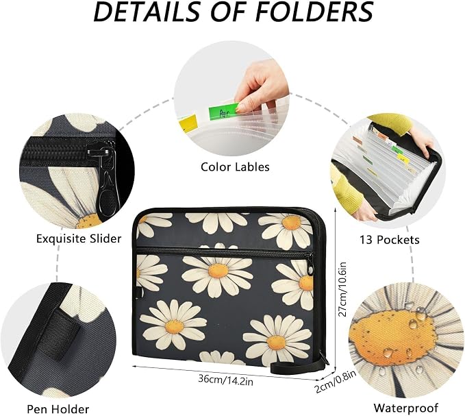 Black Daisy Corn Poppy Accordion File Organizer Expanding Document Folder - Image 3