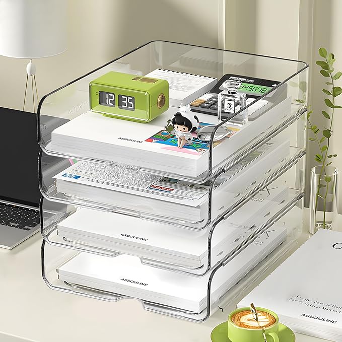 4-Tier Paper Organizer for Desk, Stackable Desk Organizer Paper Tray, Ideal for Office Supplies, A4 Storage (Clear, 4-Tier)-DeskLoop Office