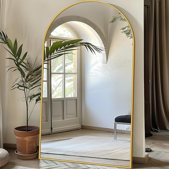 Full Length Mirror, 76"x44" Oversized Floor Mirror Freestanding, Full Body Mirror Floor Standing Mirrors with Stand, Hanging Mounted Mirrors for Bedroom Living Room, Gold, Arched Style-DeskLoop Office