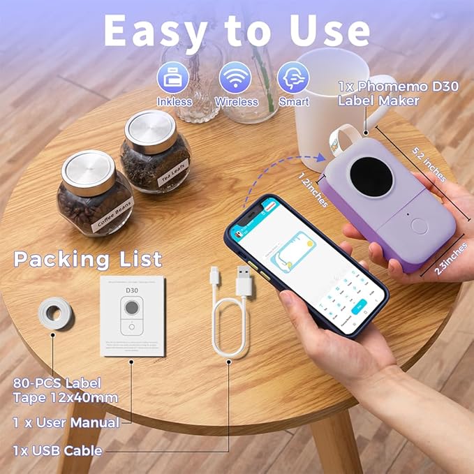 Phomemo D30 Label Makers Machine - Portable Bluetooth Mini Sticker Thermal Label Printer Handheld Rechargeable, Easy to Use for Office Home Organization, Rich Icon Font Multiple Templates-DeskLoop Office