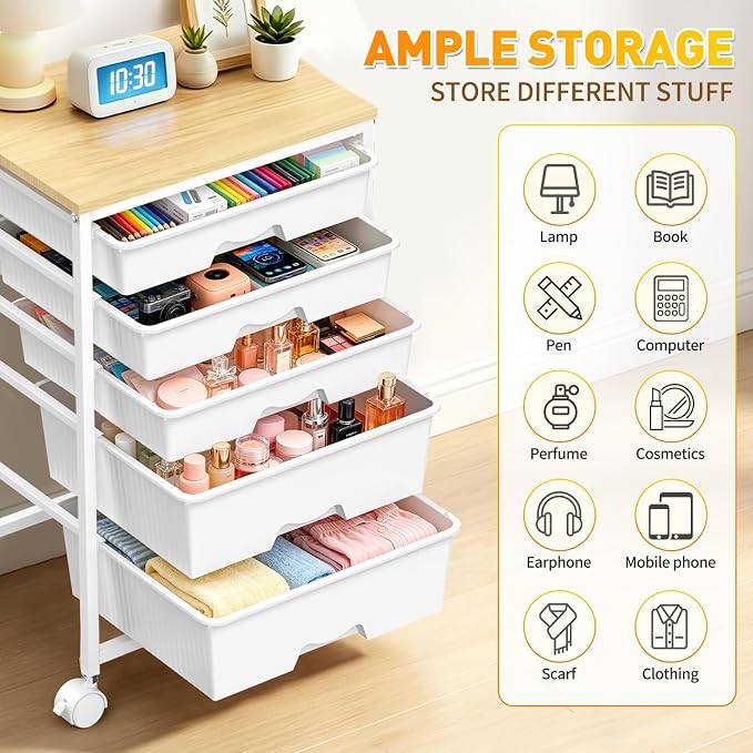 SUNALLY Rolling Carts With 5 Drawers, Storage Drawer Carts with Wooden Tabletop - Image 7