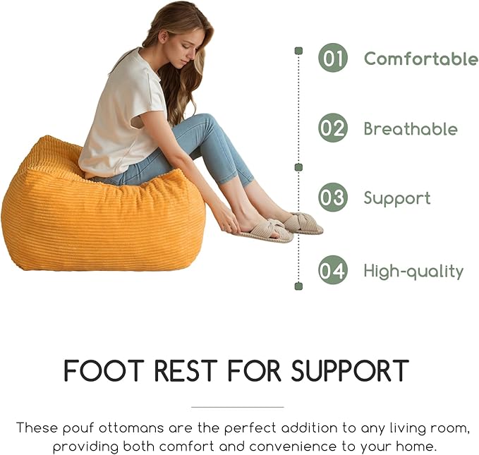 HIGOGOGO Square Stuffed Pouf Ottoman, Corduroy Poufs with Foam Chunk Filling, Furry and Fluffy Pouf Foot Stool Storage Ottoman, 25.6 X 25.6 Floor Poufs Foot Rest for Living Room, Orange-DeskLoop Office