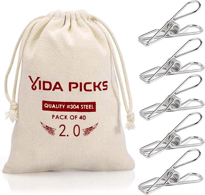 40 Pack Wire Clothes Pins Heavy Duty Outdoor, Stainless Steel ClothesPins by Vida+Picks