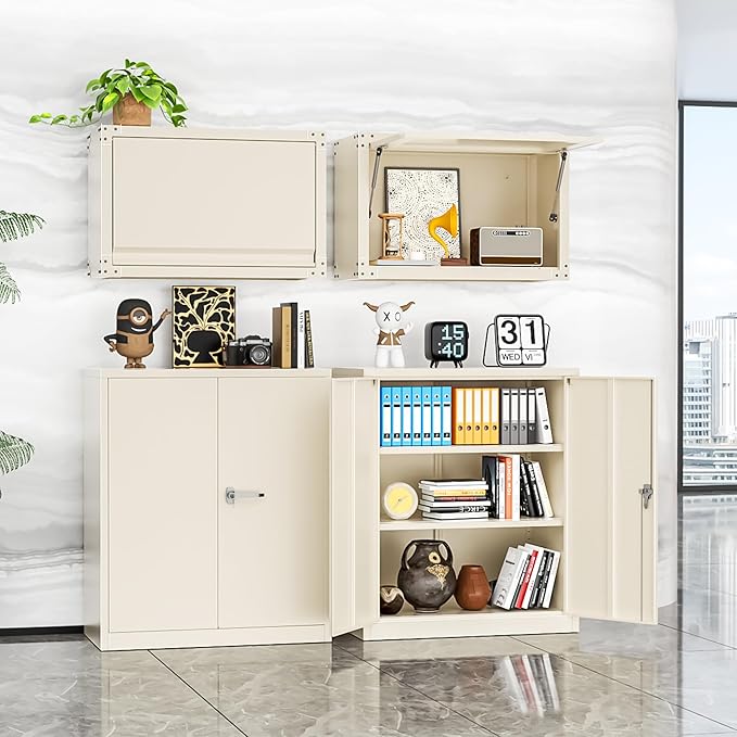 INTERGREAT Metal Cabinet with Lock, Lockable Metal Storage Cabinets with Doors and Shelves for Garage, Cream Grey Locking Garage Storage Cabinets 36"×32"×16"-DeskLoop Office