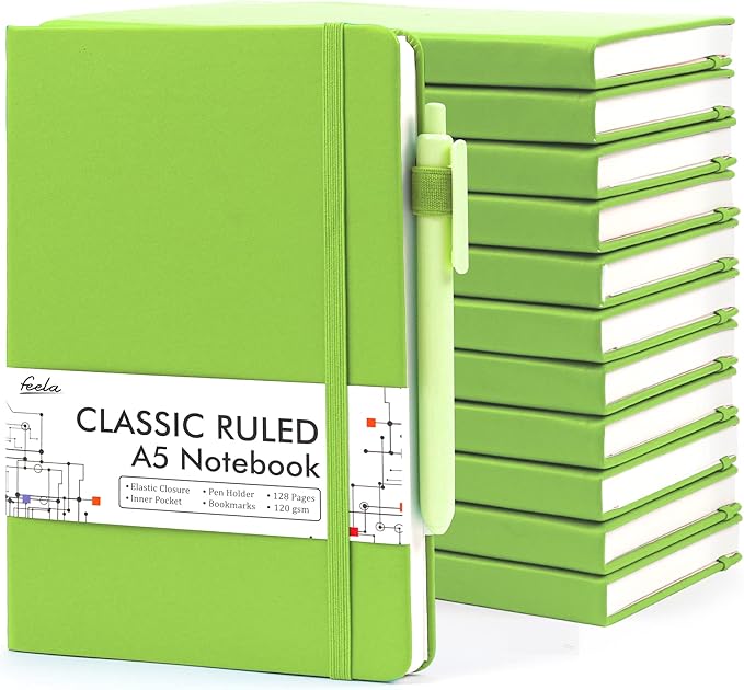 feela 12 Pack Notebooks Journals Bulk, Hardcover Notebook Classic Ruled Lined Journals with Pen Holder for Women Girls School Business Supplies, with 12 Black Pens, 120 GSM, 5.1”x8.3”, A5, Green-DeskLoop Office