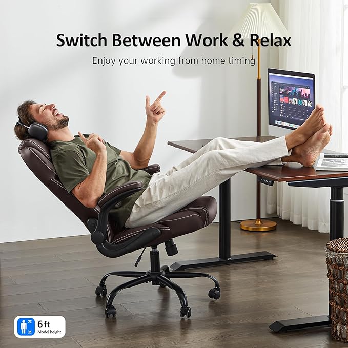 Office Chair, Executive Leather Chair Home Office Desk Chairs, Ergonomic Computer Desk Chair with Adjustable Flip-Up Arms, Lumbar Support Swivel Task Chair with Rocking Function (Brown)-DeskLoop Office