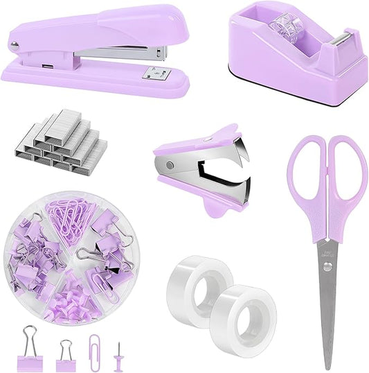 SKYDUE Purple Desk Accessories, Purple Office Supplies Set, Stapler, Tape Dispenser, Scissors, Binder/Paper Clips and 1000pcs Staples,Office Supplies for Women