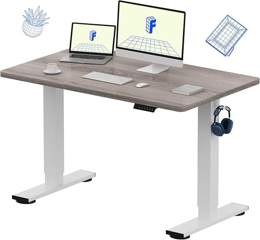 FLEXISPOT EN1 One-Piece Standing Desk, 48 x 30 Inches Electric Height Adjustable Desk for Home Office (White Frame + Gray Wood Desktop, 2 Packages)-DeskLoop Office