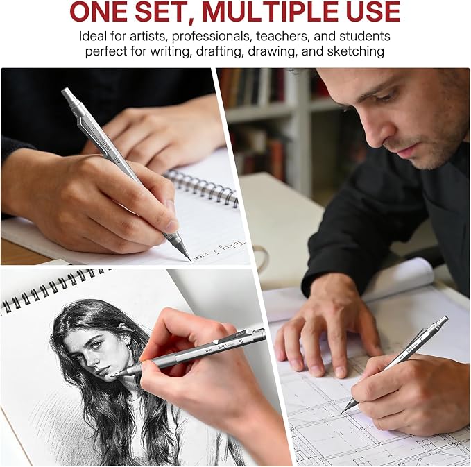 WUO 0.5mm Mechanical Pencil Set, 3 Silver Metal Drafting Pencils - Image 8