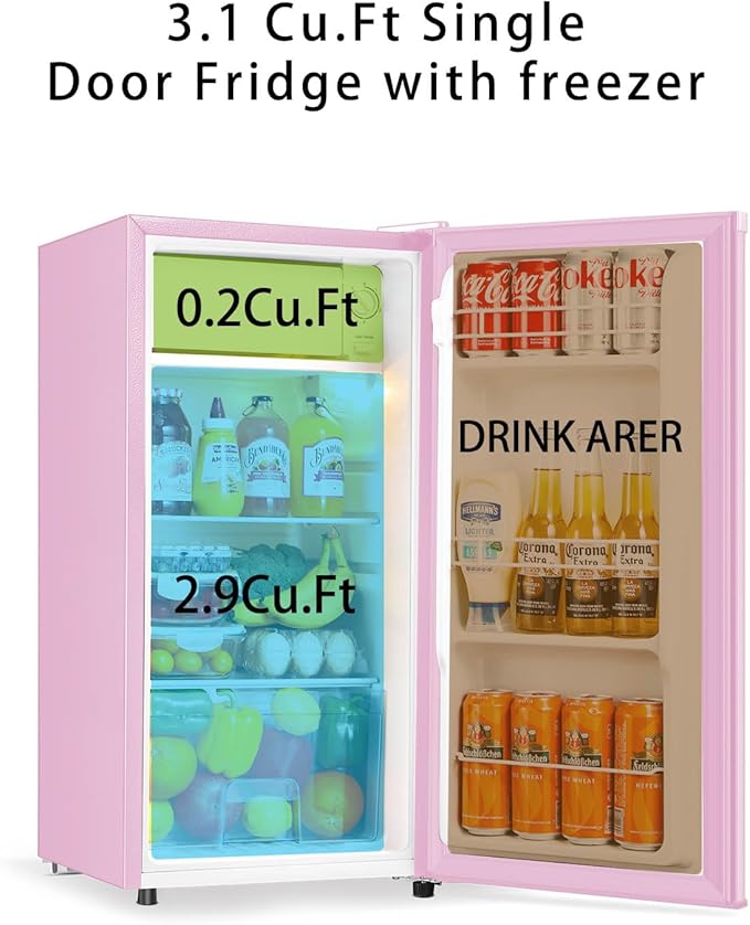 Seaoola Mini Fridge with Freezer, Single Door 3.1 Cu.Ft, Compact Mini Refrigerator, LED Light, Adjustable Thermostat, Removable Glass Shelves, Small Refrigerator for Dorm/Office/Bedroom(Pink)-DeskLoop Office
