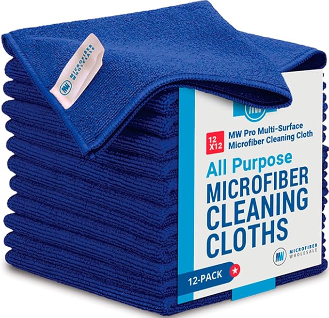 12" x 12" MW Pro Multi-Surface Microfiber Cleaning Cloths | Dark Blue - 12 Pack | Premium Microfiber Towels for Cleaning Glass, Kitchens, Bathrooms, Automotive, Supplies & Products-DeskLoop Office