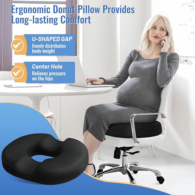 Donut Pillow Seat Cushion Chair Pad for Tailbone Pain Relief and Hemorrhoids, Memory Foam Seat Chair Cushion for Postpartum Pregnancy, Seat Cushions for Men and Women for Home & Office, (Black)-DeskLoop Office