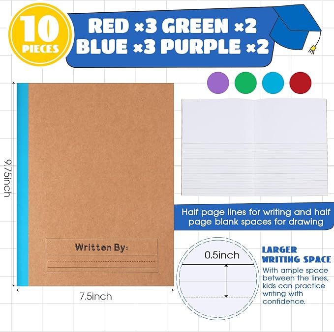 Henoyso 10 Pcs Primary Composition Notebook 9 3/4 x 7 1/2 Inch Kids Journal, Back to School Supplies, K-2 Primary Writing Notebook for Kids Student Draw and Write Story Journal (Fresh Color)-DeskLoop Office