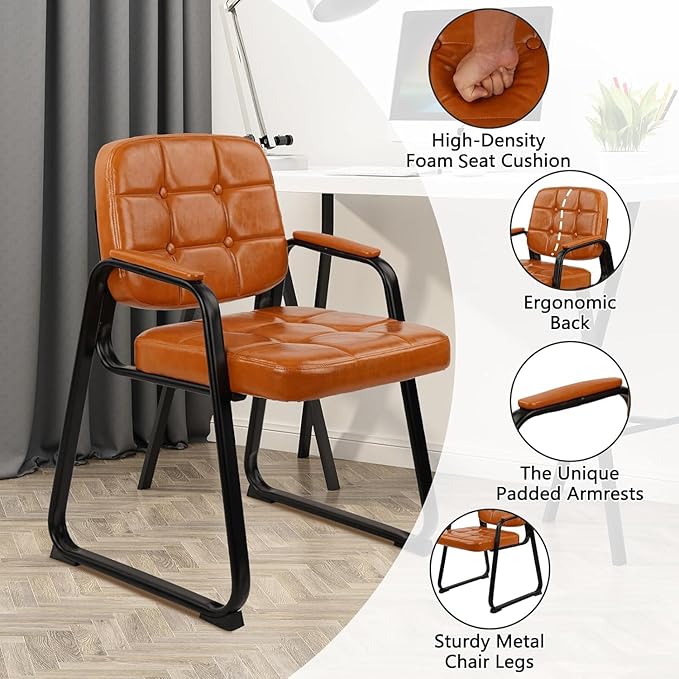 CLATINA Office Guest Chair, Leather Reception Chairs with Padded Arms, Desk Chair No Wheels Stationary for Conference Lobby Waiting Room Training Side Elderly, Orange-DeskLoop Office