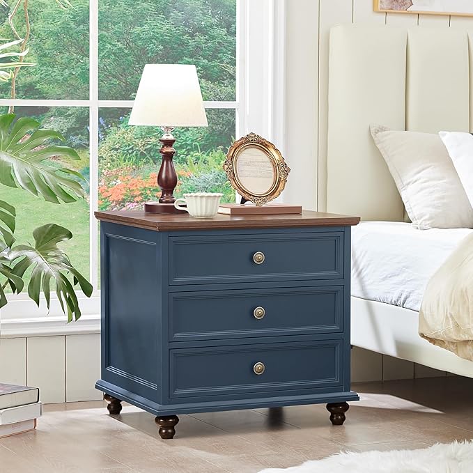 24" Wide Farmhouse Night Stand,Large End Table with 3 Drawers & Metal Handle,Blue Wood Dresser for Bedroom Cabinet, Bed Side Tabl·e Chest of Drawers,Nightstand for Living Room,Close-DeskLoop Office