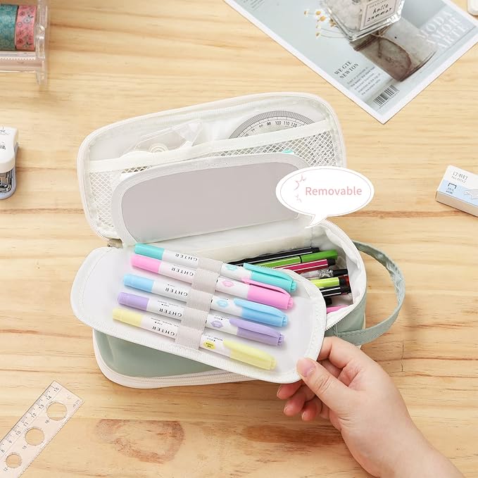 Dugio Big Pencil Case for Girls Teens Kids Zipper Pencil Pouch with Handle Organizer Pencil Bag Aesthetic Pencil Box for School Green-DeskLoop Office