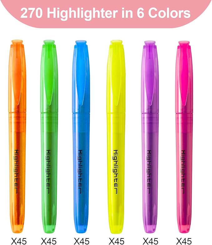 270 Pcs Highlighters Assorted Colors, Chisel Tip Multicolor Highlighter Marker Set, Quick-Drying Pen Highlighter for Classroom School Home Office (270Pcs, 6 Colors)-DeskLoop Office