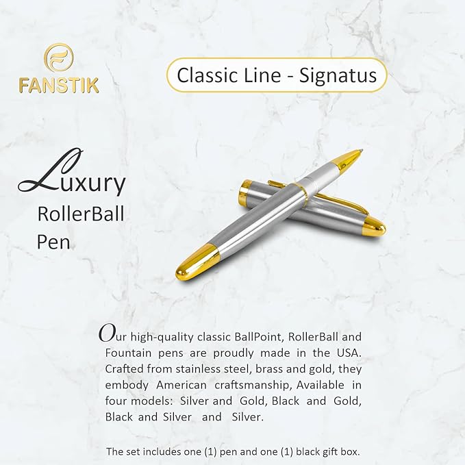 Customized RollerBall pen with name (MADE IN USA), stainless steel, Silver and gold, luxury engraved pen personalized for men and for women. (RollerBall Silver-Gold).-DeskLoop Office