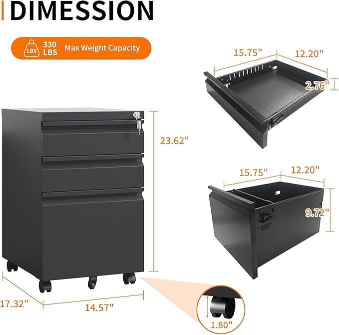 3 Drawer Mobile File Cabinet, Filing Cabinet Home Office for Letter, Legal Size, Fully Assembled Under Desk File Cabinet, Black-DeskLoop Office