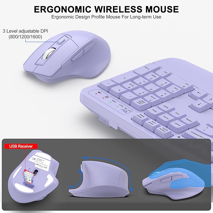 Wireless Keyboard and Mouse Combo, 2.4G Full Size Wave Keys Ergonomic Keyboard - Image 4