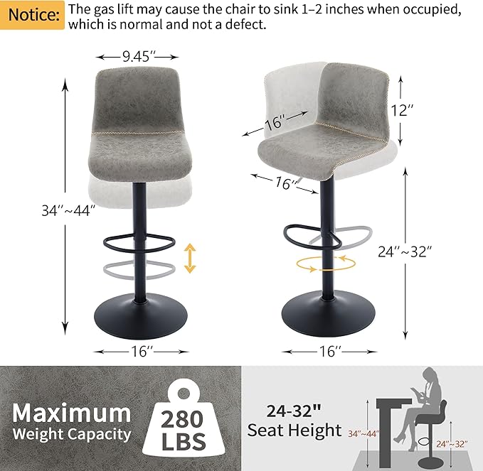 HeuGah Swivel Bar Stools Set of 2, Adjustable Counter Height Barstools with Back, Gray Faux Leather Bar Chairs for Kitchen Island (Gray, Set of 2 (24'' to 32''))-DeskLoop Office